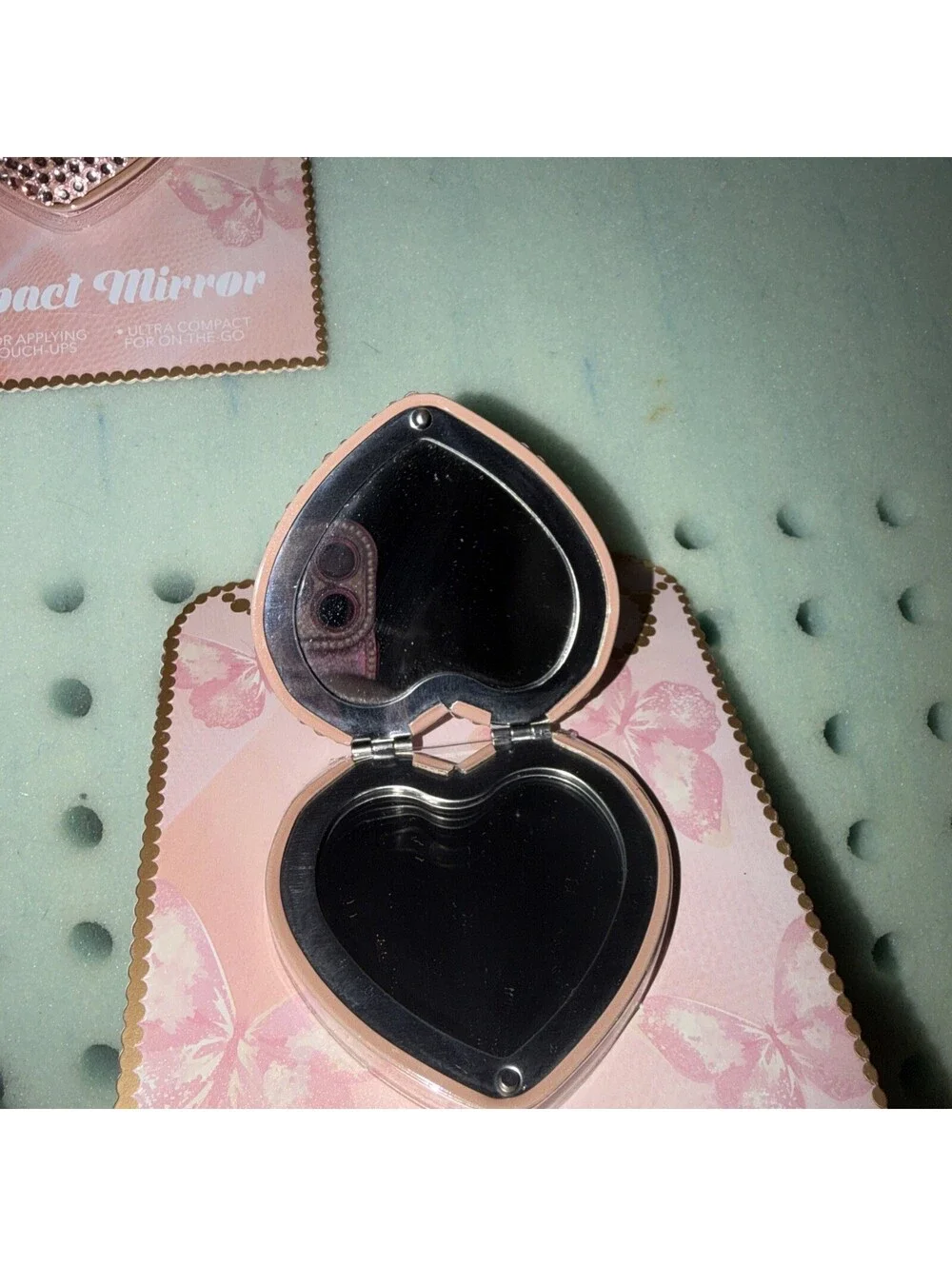 {Paris Hilton} Pink Rhinestone Heart Shaped Compact Mirror